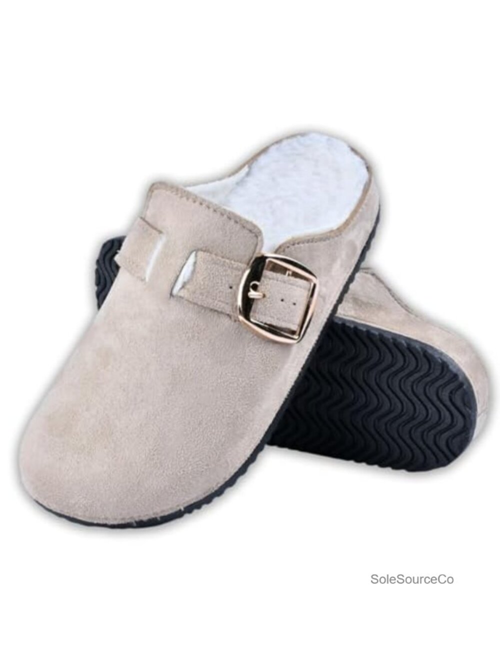 Suede Mules with Faux Fur Lining, Adjustable Buckle, Non-Slip Sole